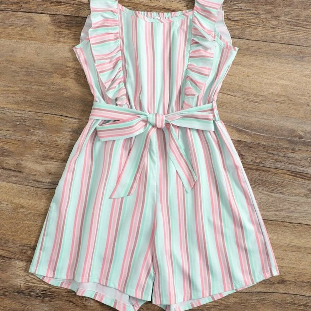 Women's Romper XL Baby Pink-Mint Green Stripes Ruffle Trim Romper w/ Belt 12-14 - Picture 5 of 7